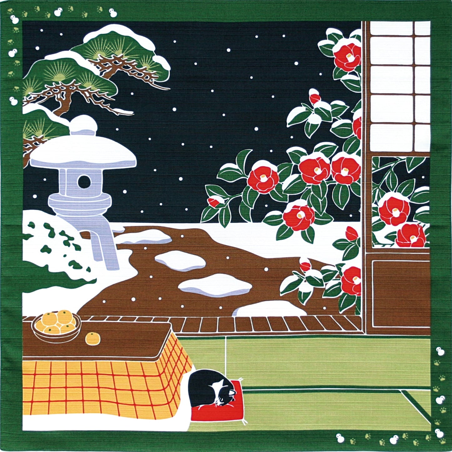 Cat Furoshiki, Winter, Camellia, 50 x 50cm