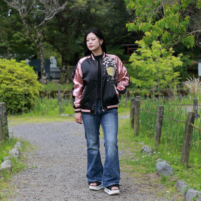 Great Wave & Cherry Blossom Skajan Jacket –  Embroidered Japanese Bomber – Black/Pink‑Gold by HanaBee