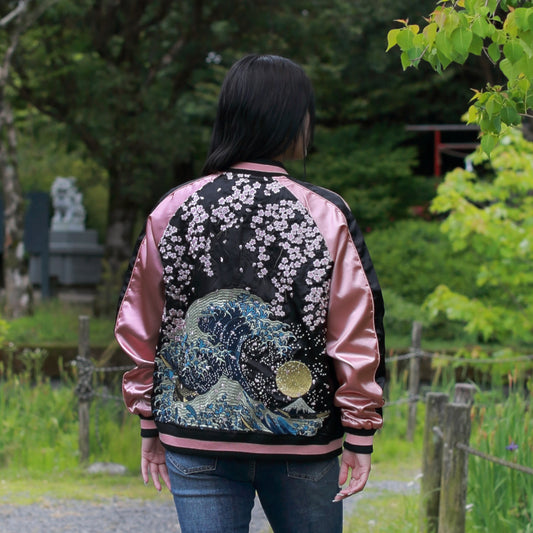 Great Wave & Cherry Blossom Skajan Jacket –  Embroidered Japanese Bomber – Black/Pink‑Gold by HanaBee