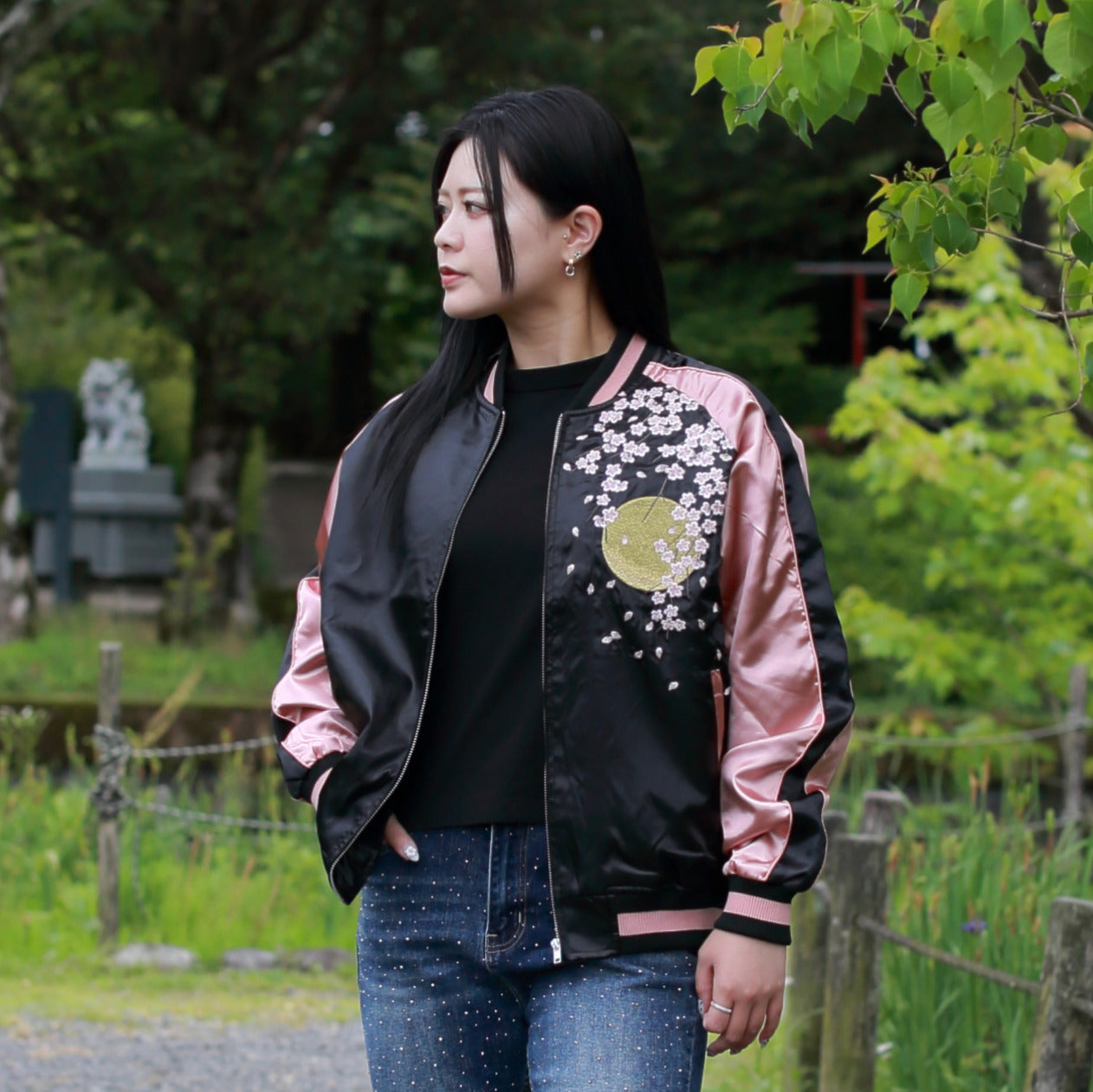 Great Wave & Cherry Blossom Skajan Jacket –  Embroidered Japanese Bomber – Black/Pink‑Gold by HanaBee