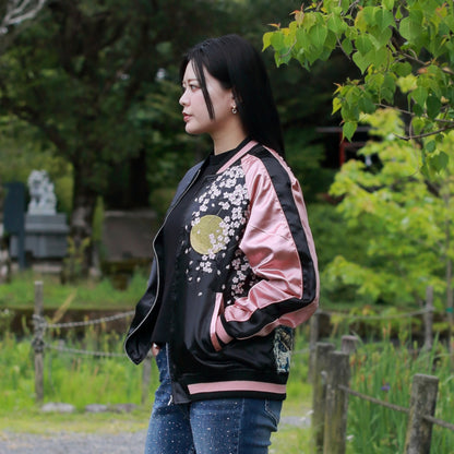 Great Wave & Cherry Blossom Skajan Jacket –  Embroidered Japanese Bomber – Black/Pink‑Gold by HanaBee