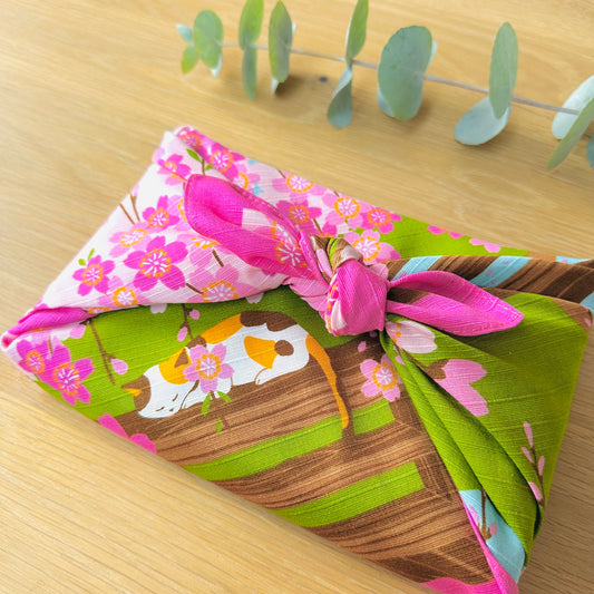 Cat under Cherry blossoms, Furoshiki Gift Wrapping, 50 x 50 cm