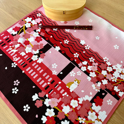 Spring Cat Furoshiki, Cherry blossoms, Sakura, 50 x 50 cm