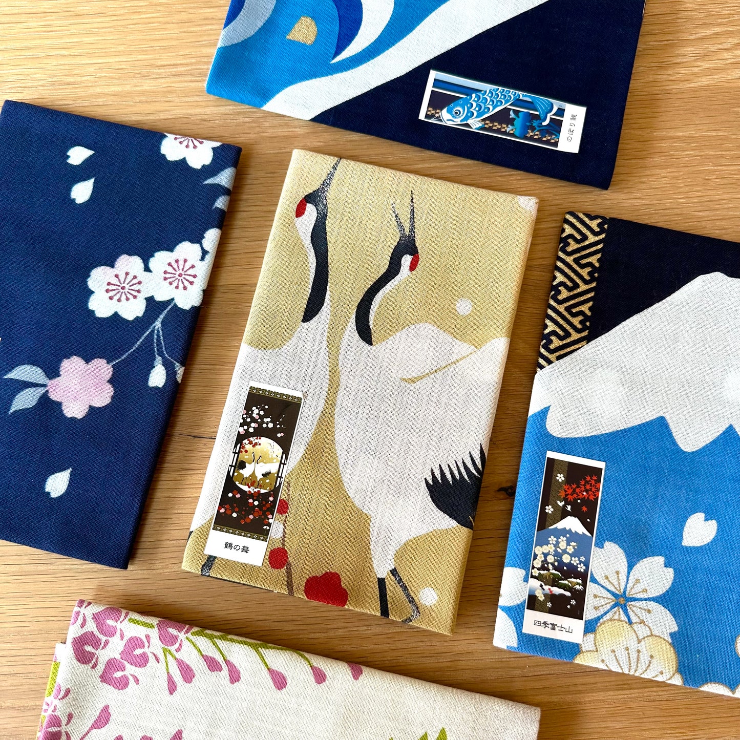 Tenugui Wall Art, Crane and cherry flowers, 34cm x 90cm (13.4” x 35.4”)