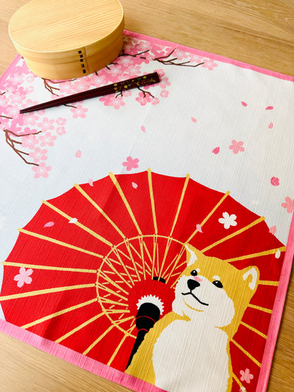 Eco‑Friendly Furoshiki Gift Wrap – Reusable 50 cm Cloth – Cute Shiba, Wagasa & Cherry Blossom Design