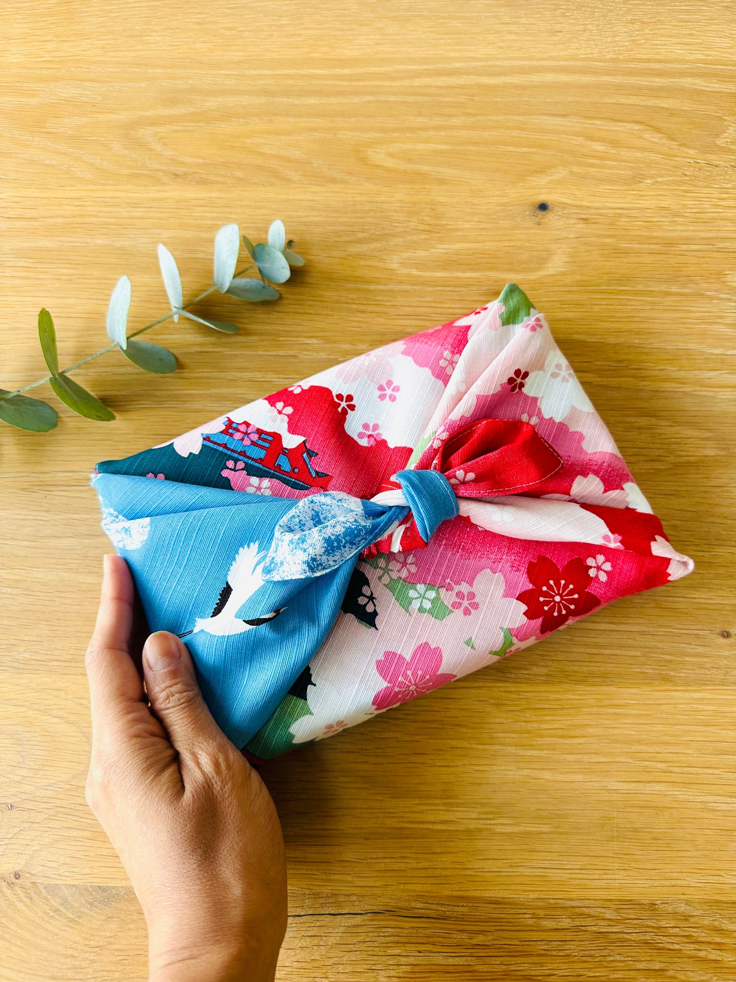 Eco‑Friendly Furoshiki Gift Wrap – Reusable 50 cm Cloth – Spring Pagoda, Mt Fuji, Cranes & Cherry Blossoms Design