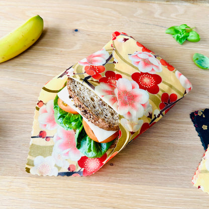 Cherry flowers in red, Set of 4 Beeswax Food Wraps