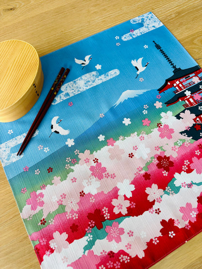 Eco‑Friendly Furoshiki Gift Wrap – Reusable 50 cm Cloth – Spring Pagoda, Mt Fuji, Cranes & Cherry Blossoms Design