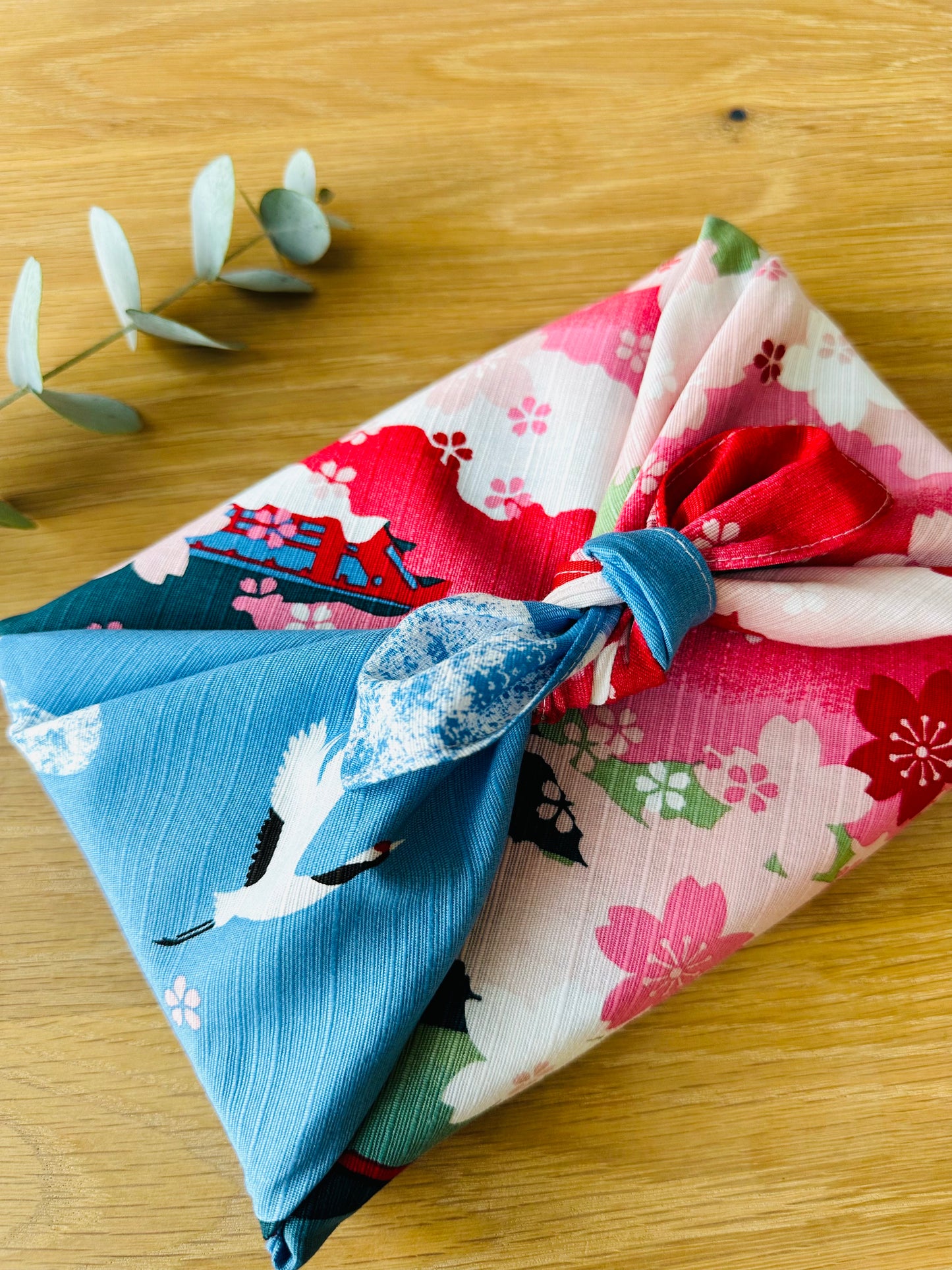 Eco‑Friendly Furoshiki Gift Wrap – Reusable 50 cm Cloth – Spring Pagoda, Mt Fuji, Cranes & Cherry Blossoms Design