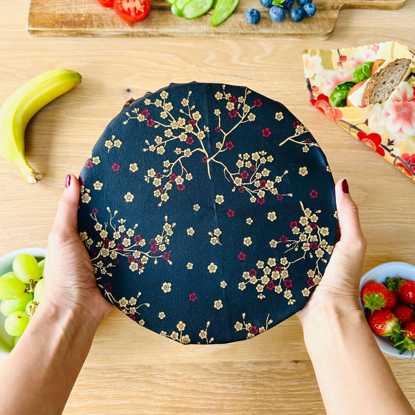 Cherry flowers in red, Set of 4 Beeswax Food Wraps