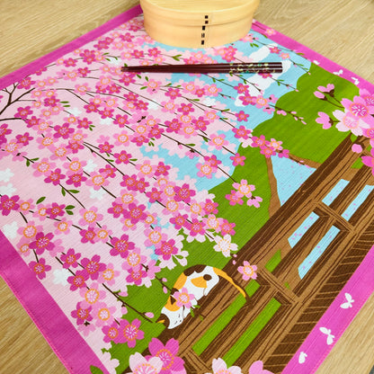 Cat under Cherry blossoms, Furoshiki Gift Wrapping, 50 x 50 cm