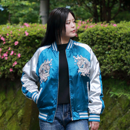 9‑Tailed Fox Skajan Jacket – Embroidered Japanese Bomber – Teal/White‑Silver by HanaBee