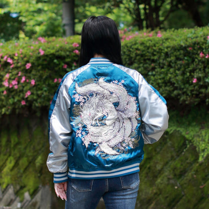 9‑Tailed Fox Skajan Jacket – Embroidered Japanese Bomber – Teal/White‑Silver by HanaBee