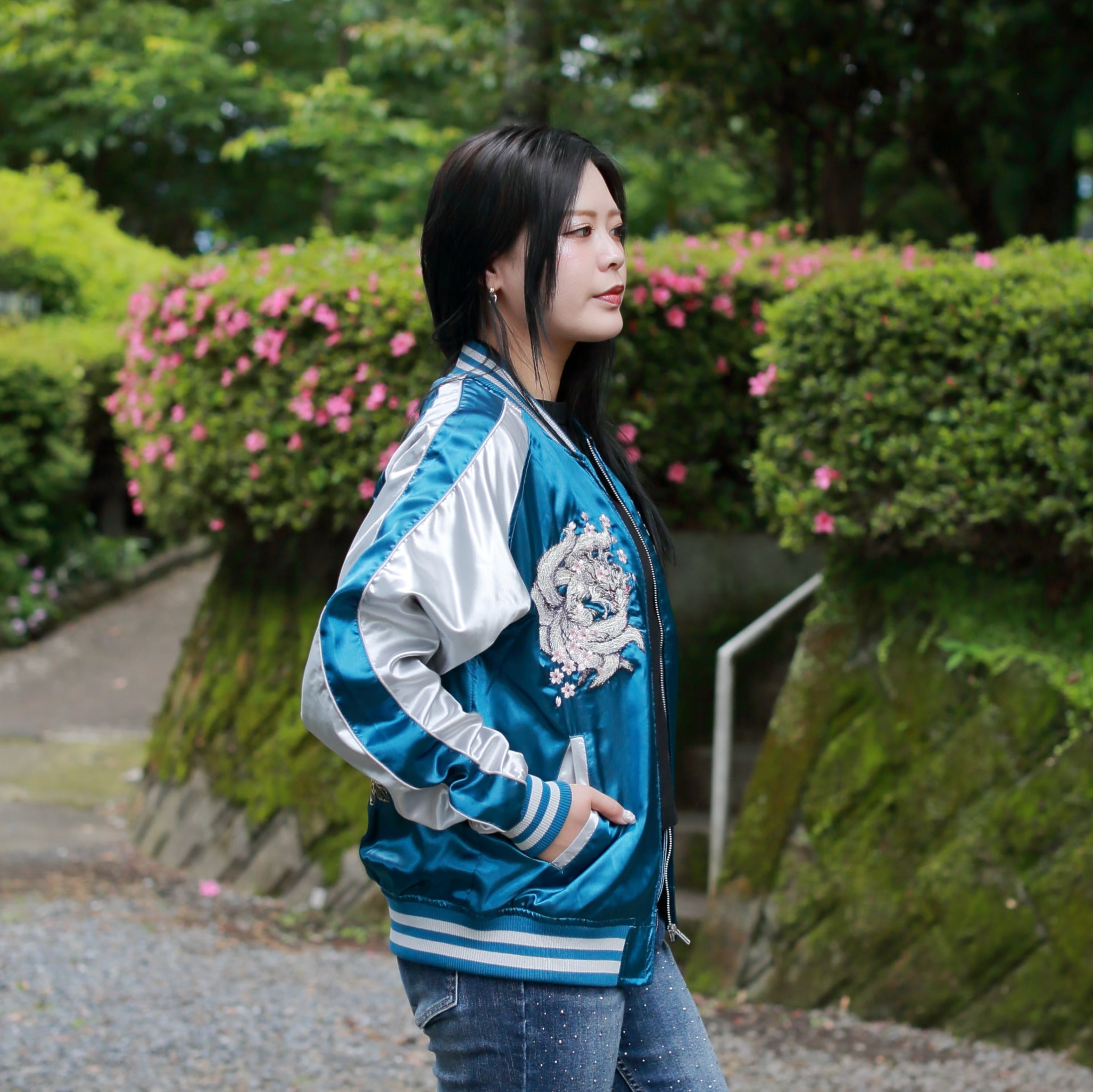 9‑Tailed Fox Skajan Jacket – Embroidered Japanese Bomber – Teal