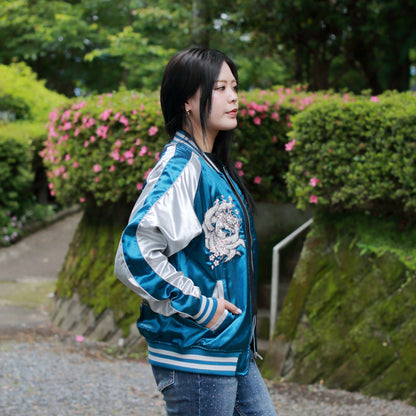 9‑Tailed Fox Skajan Jacket – Embroidered Japanese Bomber – Teal/White‑Silver by HanaBee