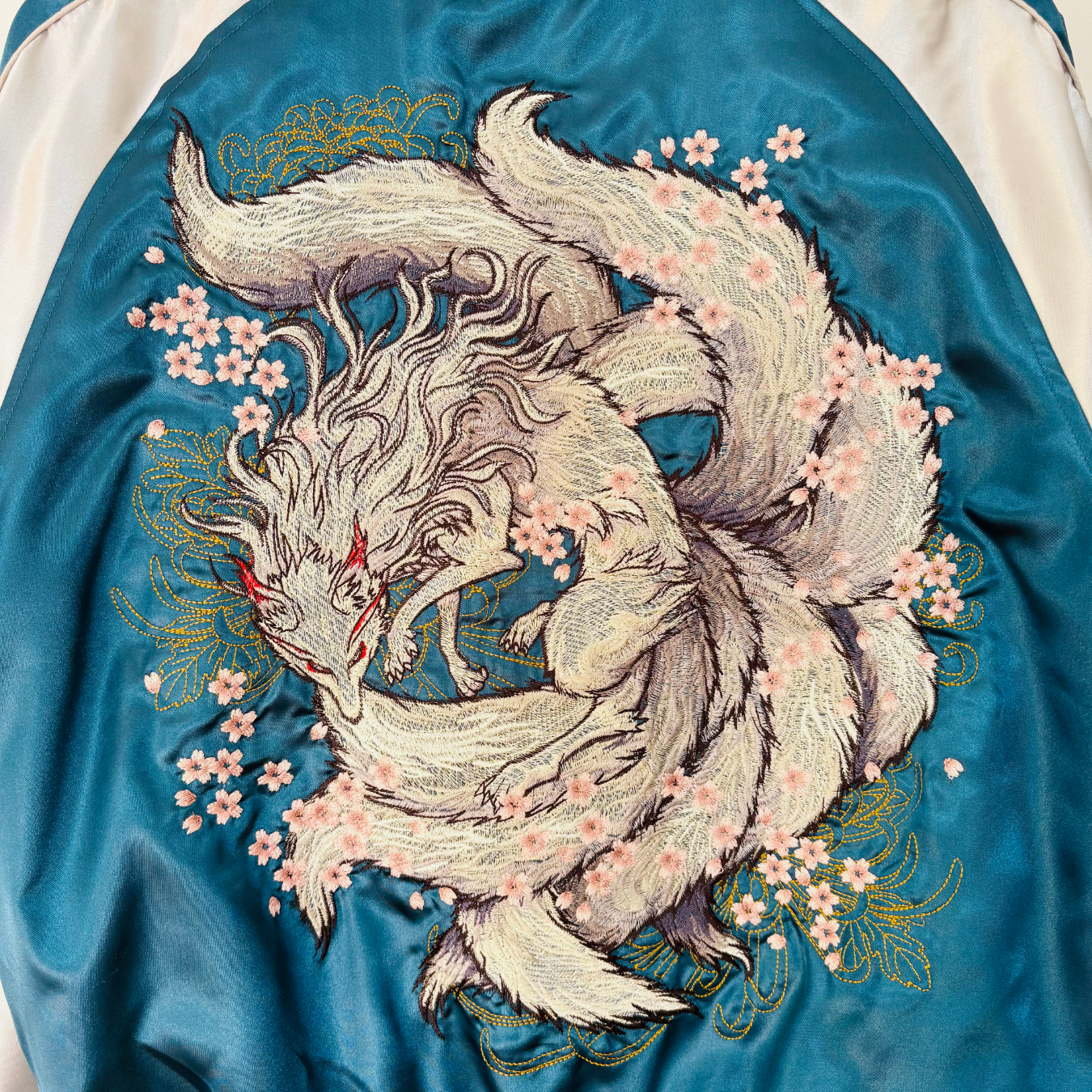 9‑Tailed Fox Skajan Jacket – Embroidered Japanese Bomber – Teal/White‑Silver by HanaBee