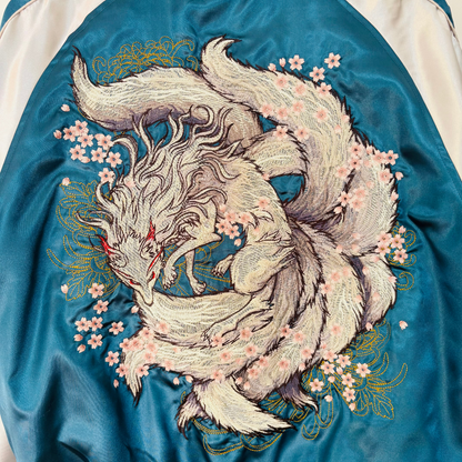 9‑Tailed Fox Skajan Jacket – Embroidered Japanese Bomber – Teal/White‑Silver by HanaBee