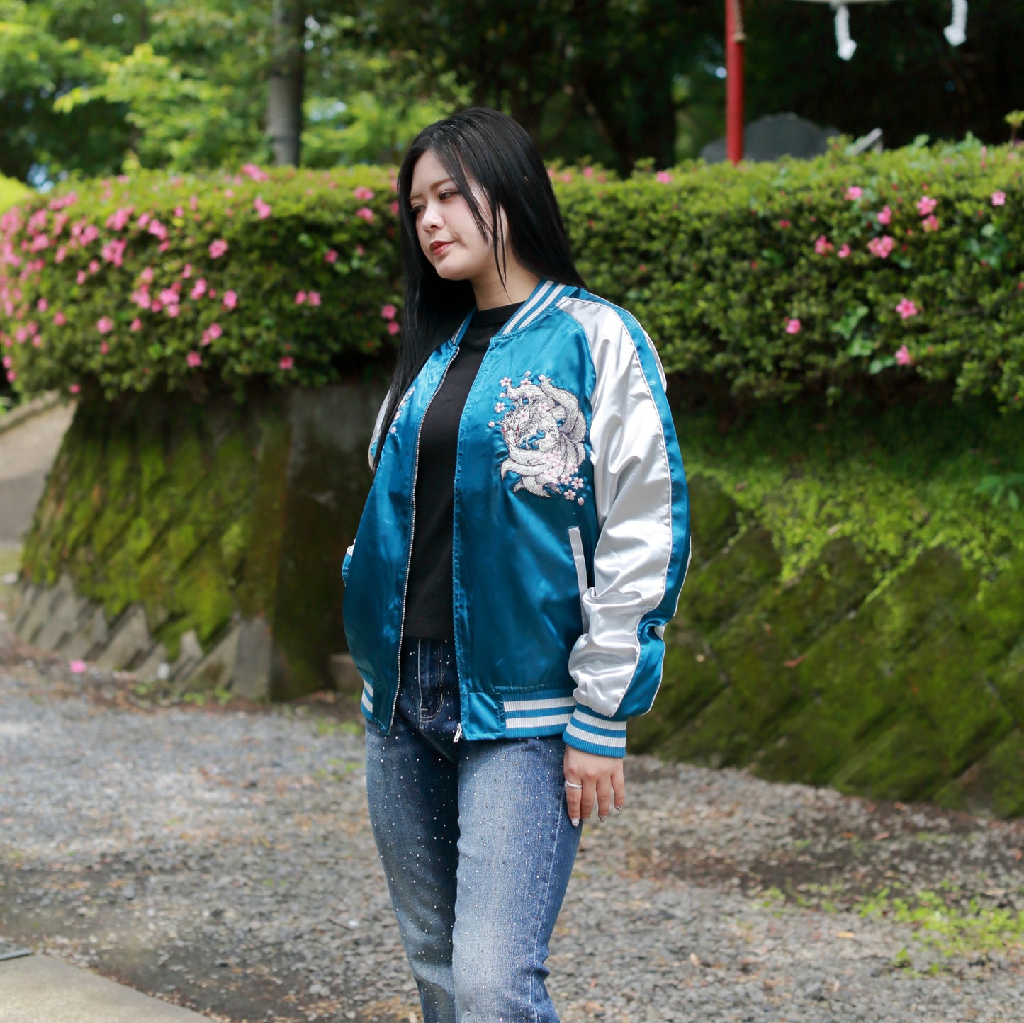 9‑Tailed Fox Skajan Jacket – Embroidered Japanese Bomber – Teal/White‑Silver by HanaBee