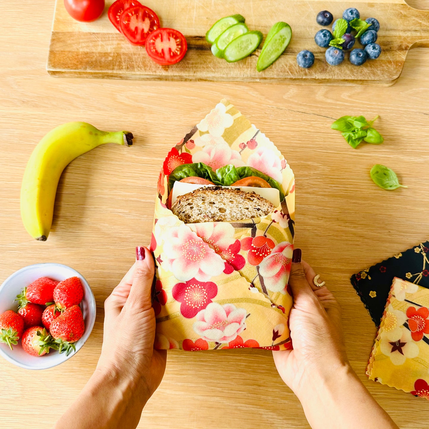 Cherry flowers in red, Set of 4 Beeswax Food Wraps