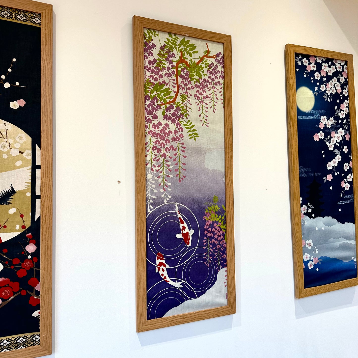 Tenugui Wall Art, Wisteria and Koi fish, 34cm x 90cm (13.4” x 35.4”)