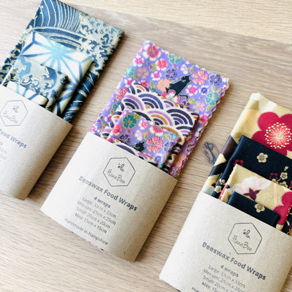 Black cats, Sakura, Purple, Set of 4 Beeswax Food Wraps