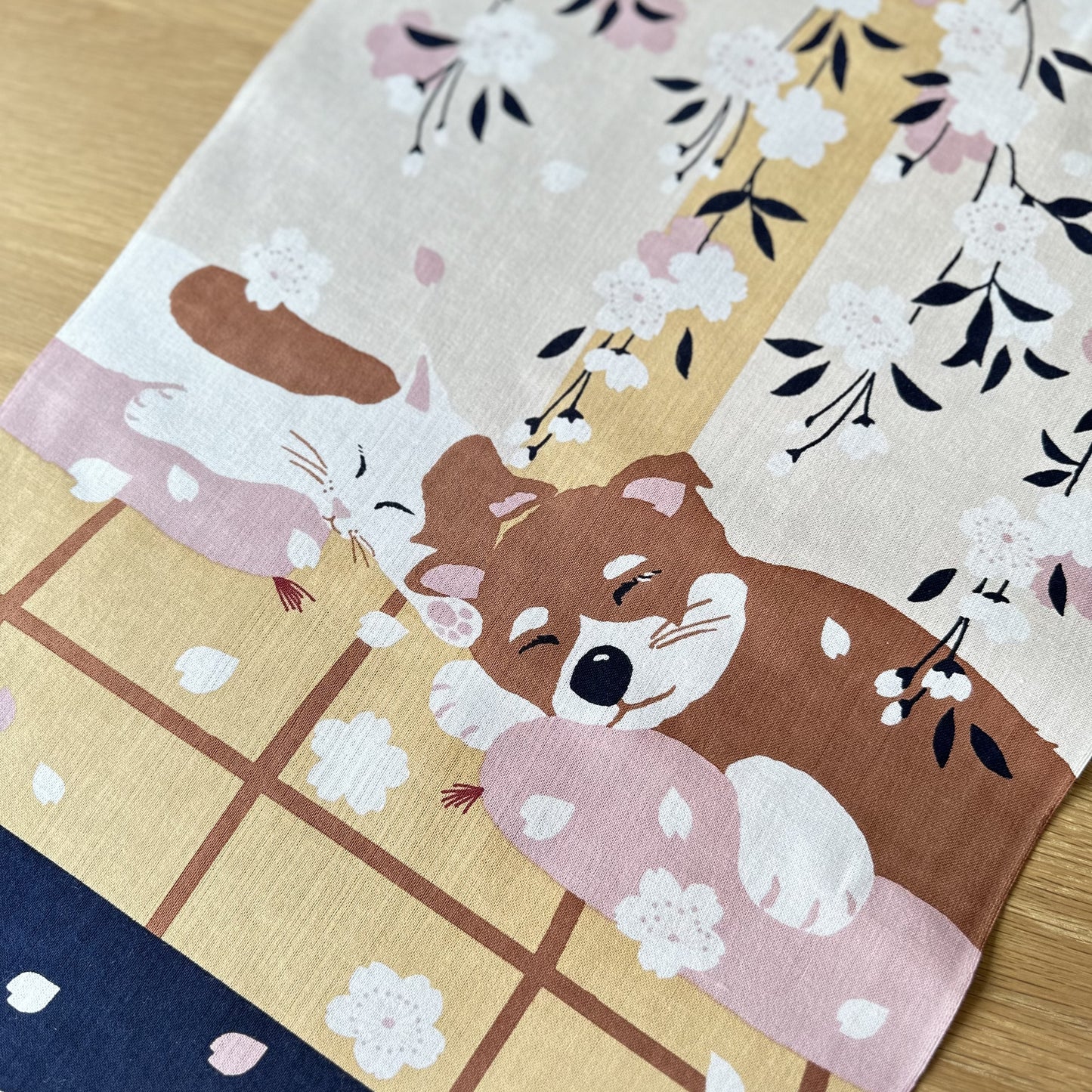 Tenugui Art, Shiba Dog & Cat with Cherry Blossoms, 34cm x 90cm (13.4” x 35.4”)