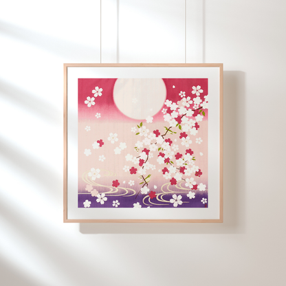 Spring Sakura Furoshiki, Cherry blossoms, Moon, 50 x 50 cm