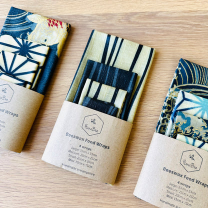 Japanese kimono stripe, Black and white, Minimalist, Set of 4 Beeswax Food Wraps