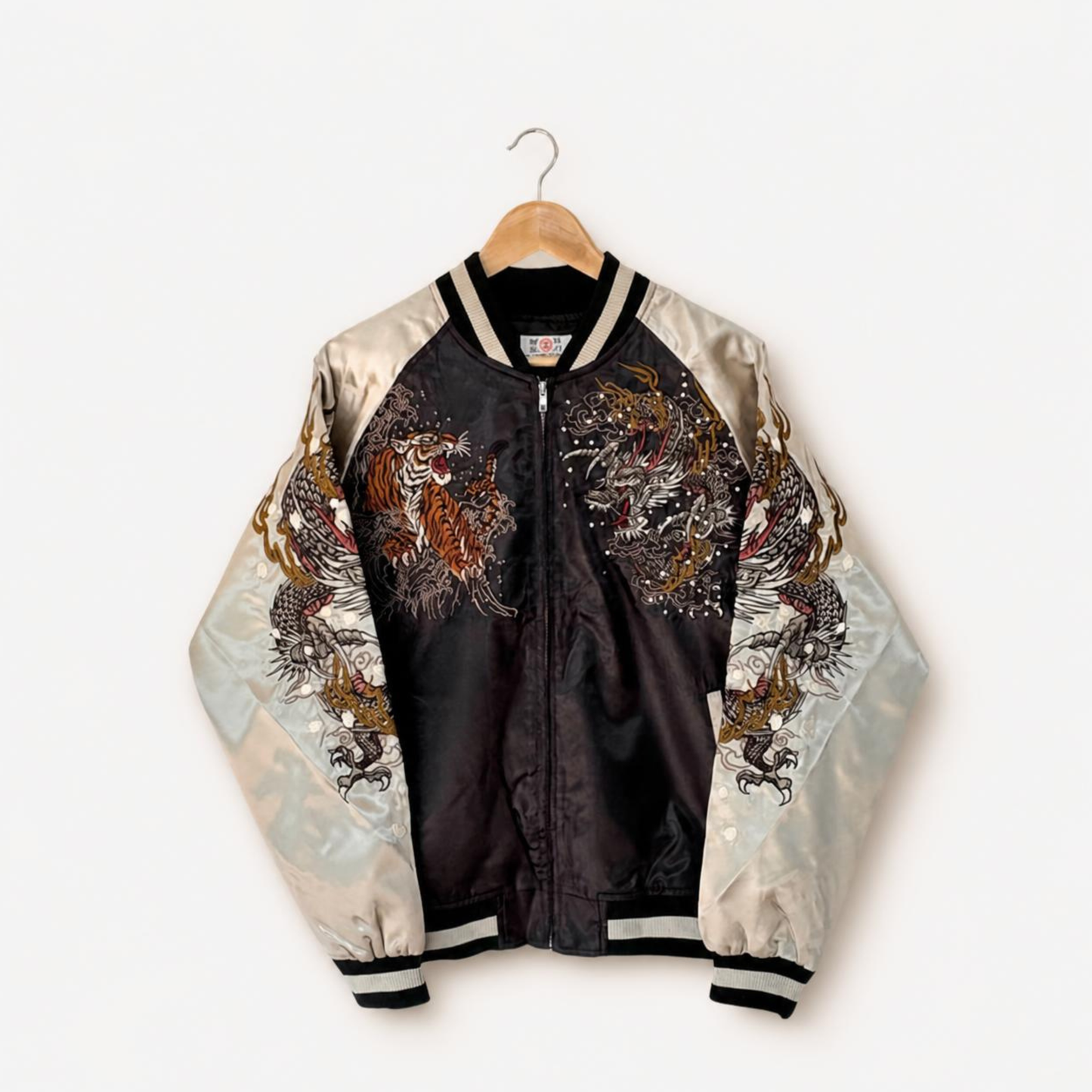 Dragon & Tiger Skajan Jacket – Embroidered Japanese Bomber – Black/Champagne‑Gold by HanaBee