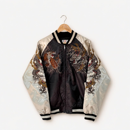 Dragon & Tiger Skajan Jacket – Embroidered Japanese Bomber – Black/Champagne‑Gold by HanaBee