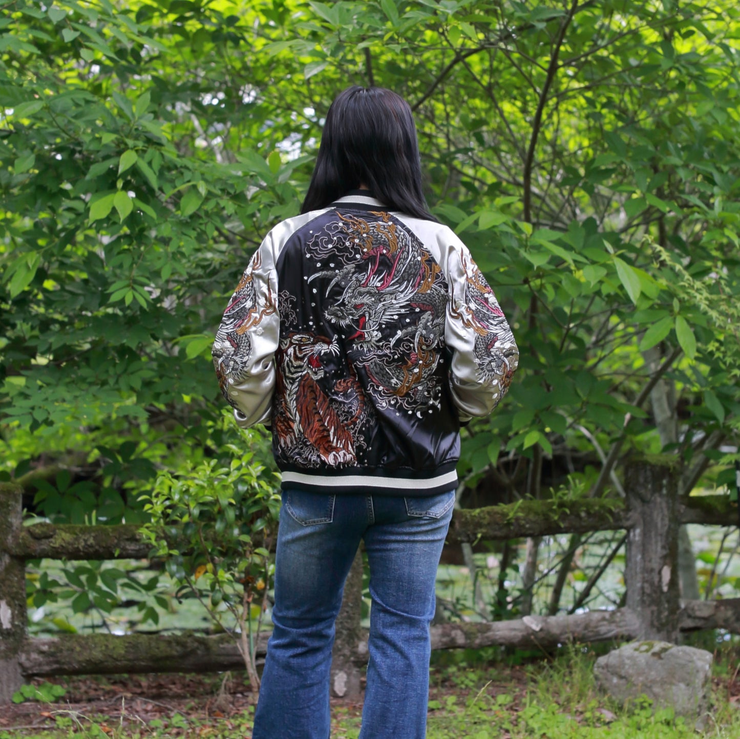 Dragon & Tiger Skajan Jacket – Embroidered Japanese Bomber – Black/Champagne‑Gold by HanaBee