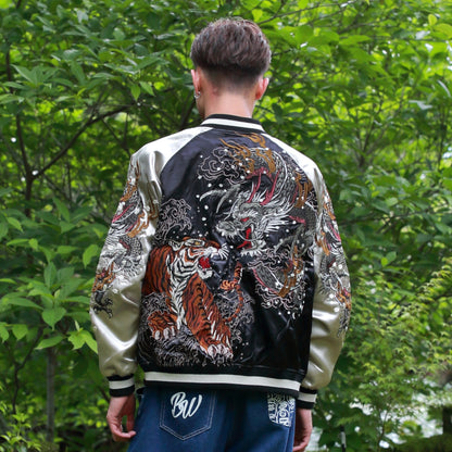 Dragon & Tiger Skajan Jacket – Embroidered Japanese Bomber – Black/Champagne‑Gold by HanaBee