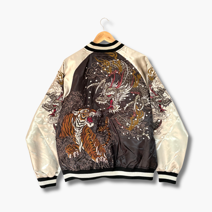 Dragon & Tiger Skajan Jacket – Embroidered Japanese Bomber – Black/Champagne‑Gold by HanaBee