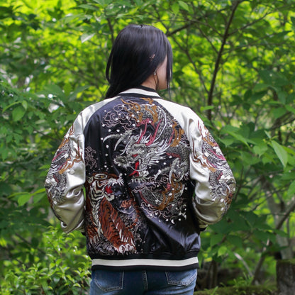 Dragon & Tiger Skajan Jacket – Embroidered Japanese Bomber – Black/Champagne‑Gold by HanaBee
