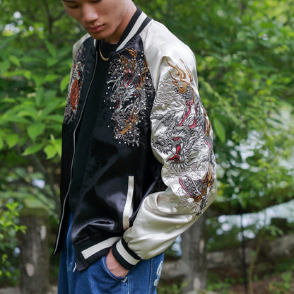 Dragon & Tiger Skajan Jacket – Embroidered Japanese Bomber – Black/Champagne‑Gold by HanaBee