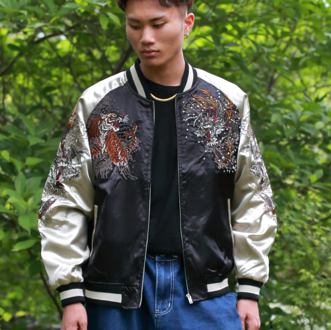 Dragon & Tiger Skajan Jacket – Embroidered Japanese Bomber – Black/Champagne‑Gold by HanaBee