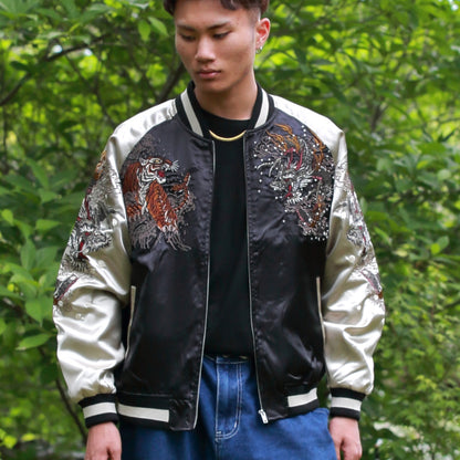 Dragon & Tiger Skajan Jacket – Embroidered Japanese Bomber – Black/Champagne‑Gold by HanaBee