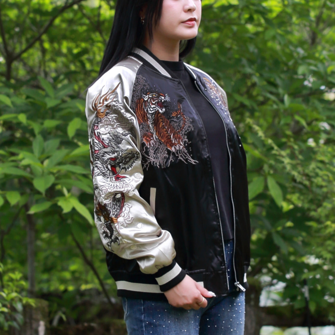 Dragon & Tiger Skajan Jacket – Embroidered Japanese Bomber – Black/Champagne‑Gold by HanaBee