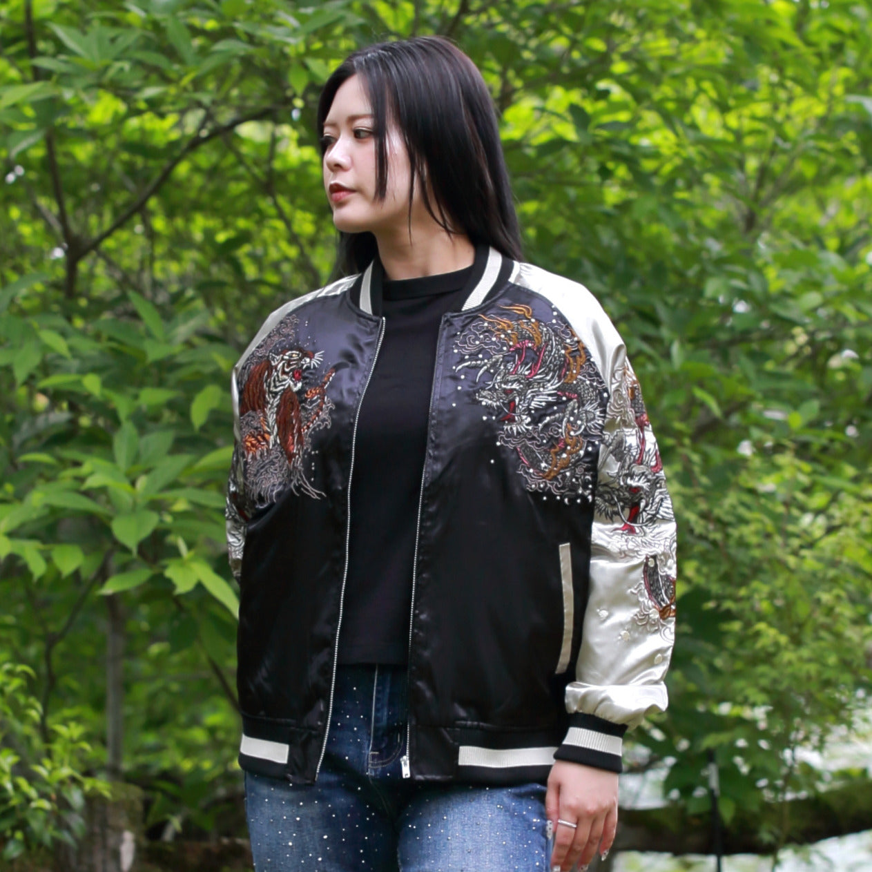 Dragon & Tiger Skajan Jacket – Embroidered Japanese Bomber – Black/Champagne‑Gold by HanaBee