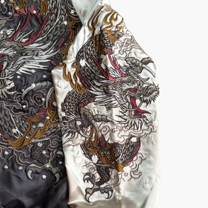 Dragon & Tiger Skajan Jacket – Embroidered Japanese Bomber – Black/Champagne‑Gold by HanaBee
