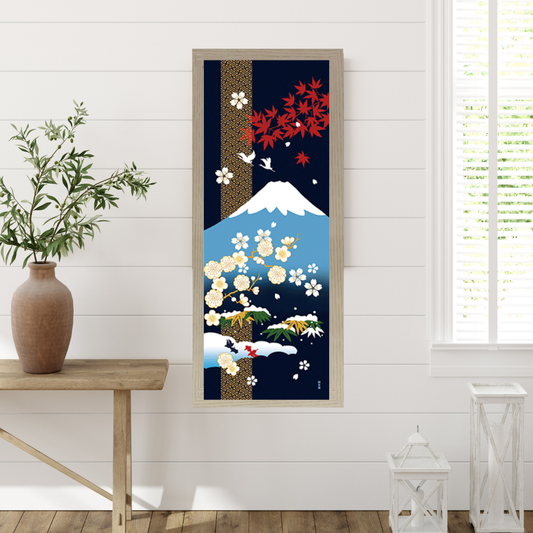 Tenugui Wall Art, Japanese decor, Mt Fuji and four seasons,  34cm x 90cm (13.4” x 35.4”)