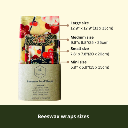 Beeswax Food Wraps – Red Cherry Flowers Design (Handmade in the UK, Set of 4)