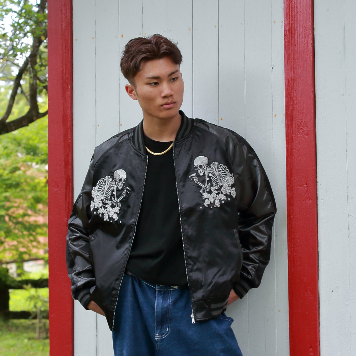 Skull Skajan Jacket – Ukiyo‑e Style Embroidered Japanese Bomber – Black/Dark Grey by HanaBee