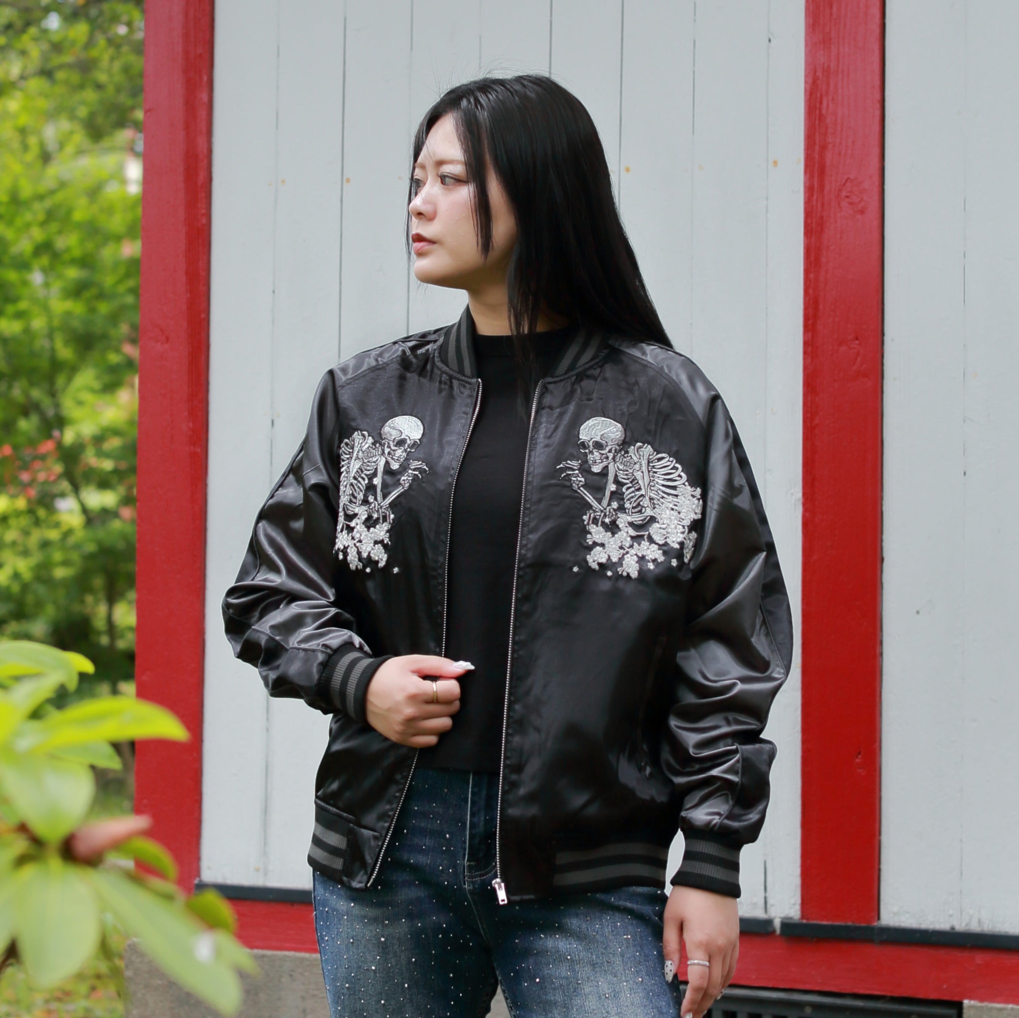 Skull Skajan Jacket – Ukiyo‑e Style Embroidered Japanese Bomber