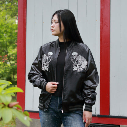 Skull Skajan Jacket – Ukiyo‑e Style Embroidered Japanese Bomber – Black/Dark Grey by HanaBee