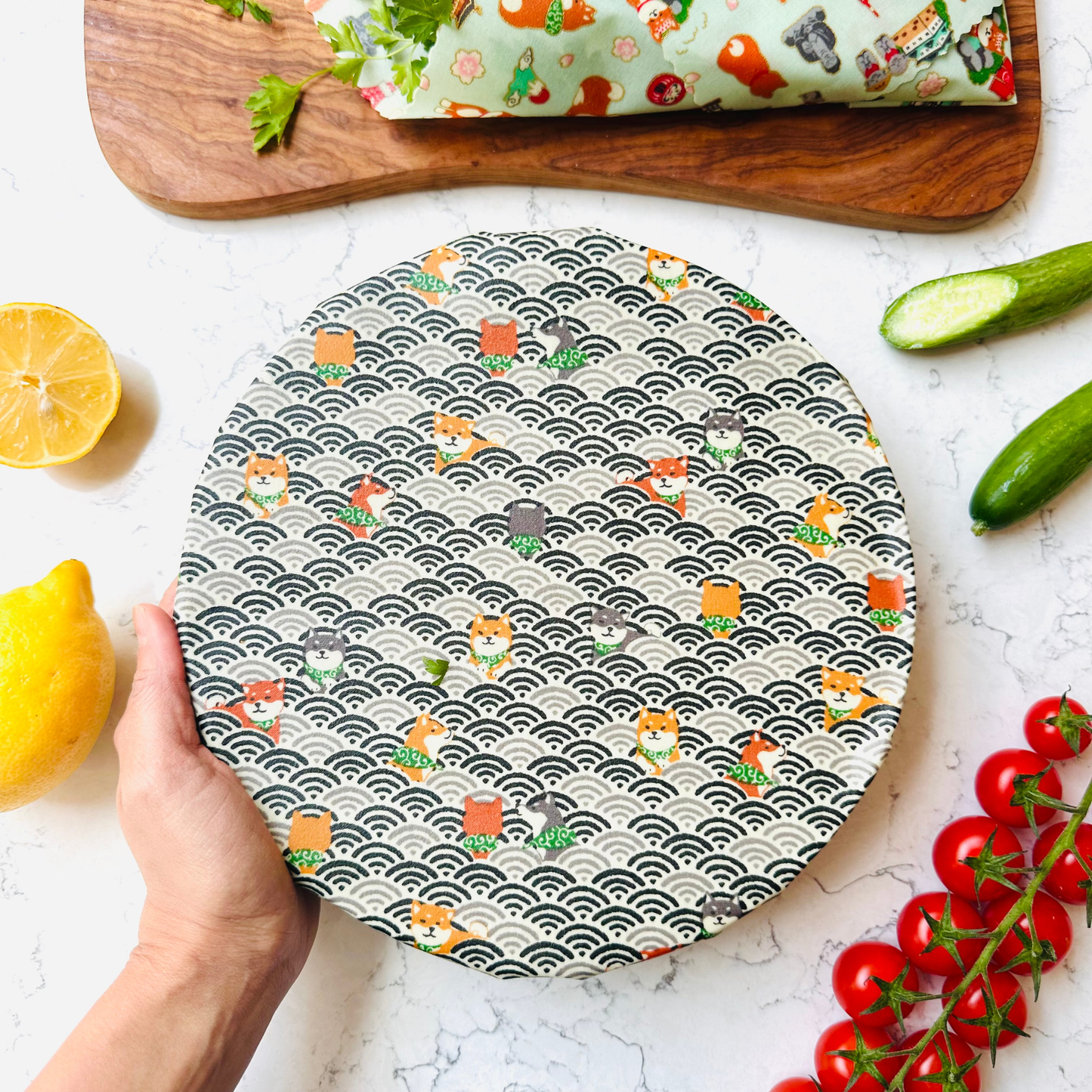 Beeswax Food Wraps – Shiba Design, Grey and Blue (Set of 4)