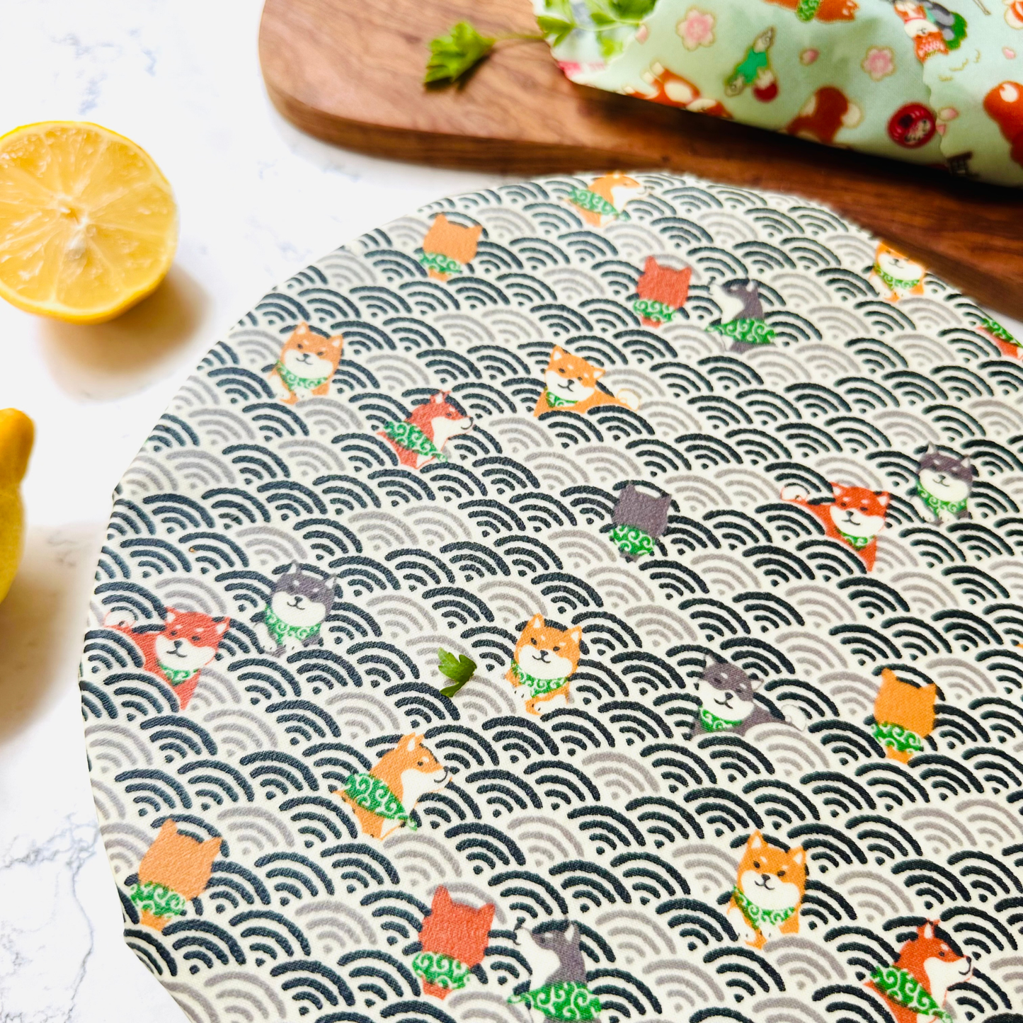 Beeswax Food Wraps – Shiba Design, Grey and Blue (Set of 4)