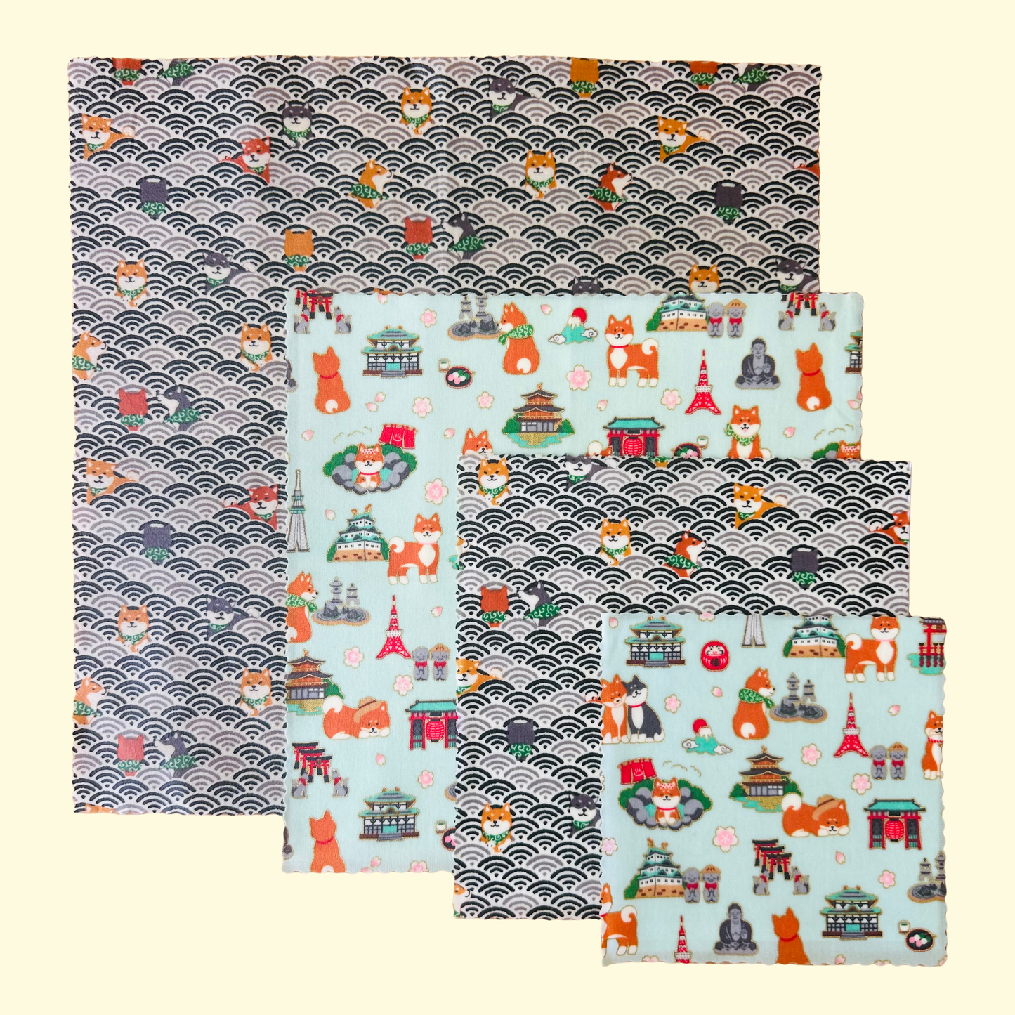 Beeswax Food Wraps – Shiba Design, Grey and Blue (Set of 4)