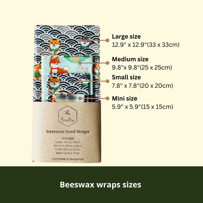 Beeswax Food Wraps – Shiba Design, Grey and Blue (Set of 4)
