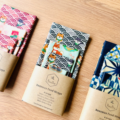 Beeswax Food Wraps – Shiba Design, Grey and Blue (Set of 4)